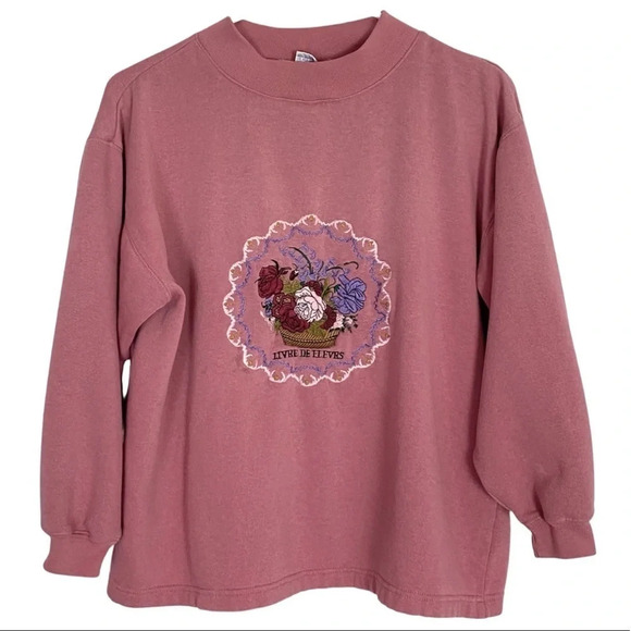 Vintage 90s Flower Embroidered Mockneck Pullover Floral Pink Sweatshirt Small - Picture 11 of 12